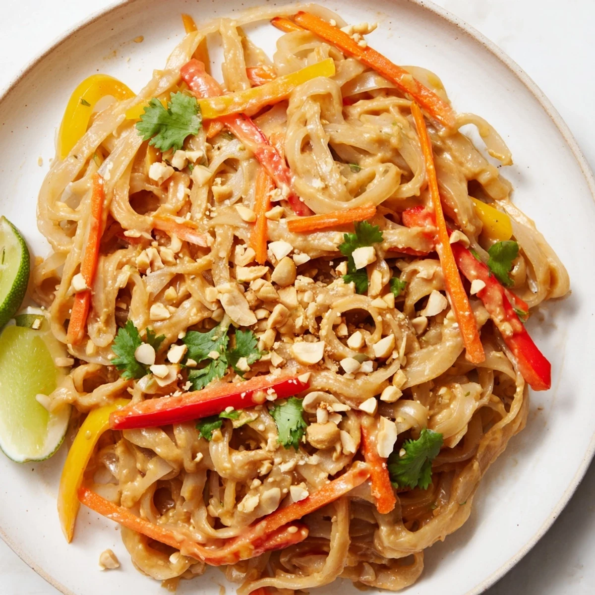 Close-up of freshly made spicy peanut noodles, with a rich, creamy sauce and crunchy peanuts.