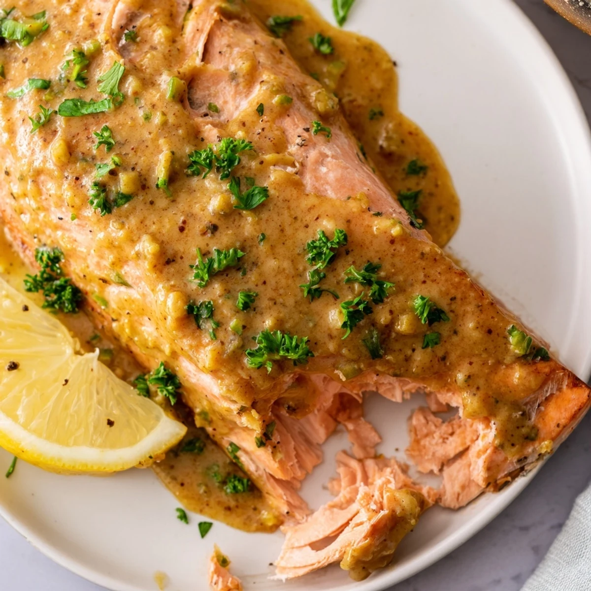 Golden-glazed Honey Mustard Salmon, flaking perfectly, ready to be served with lemon wedges and parsley.