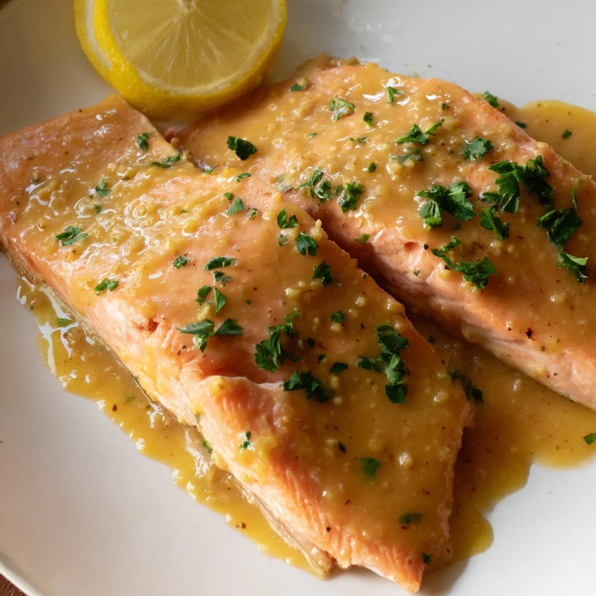 Flaky, tender Honey Mustard Salmon fillets, glistening with sauce, promising delicious flavors within.