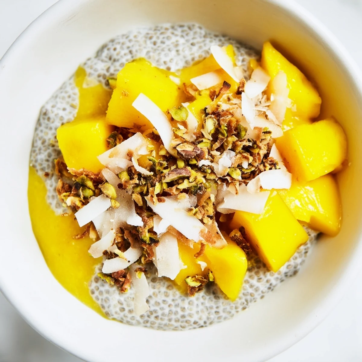 Bright and creamy Mango Coconut Chia Pudding garnished with toasted coconut flakes, ready to eat!
