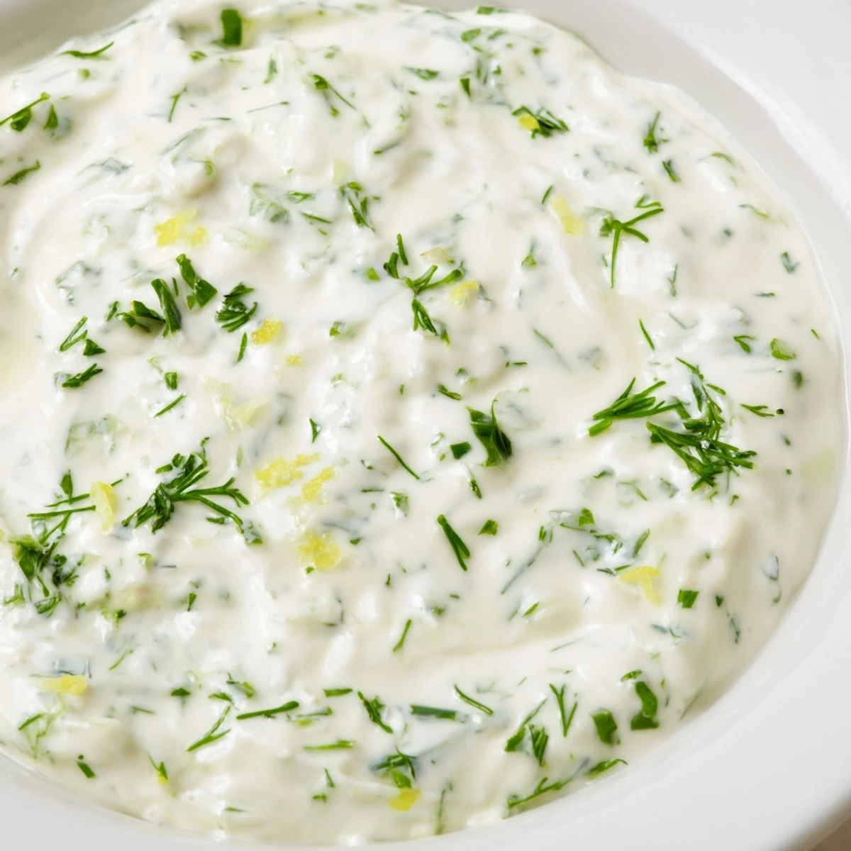 Fresh Greek Yogurt Herb Dip drizzled on a platter, ready with colorful vegetables for dipping.