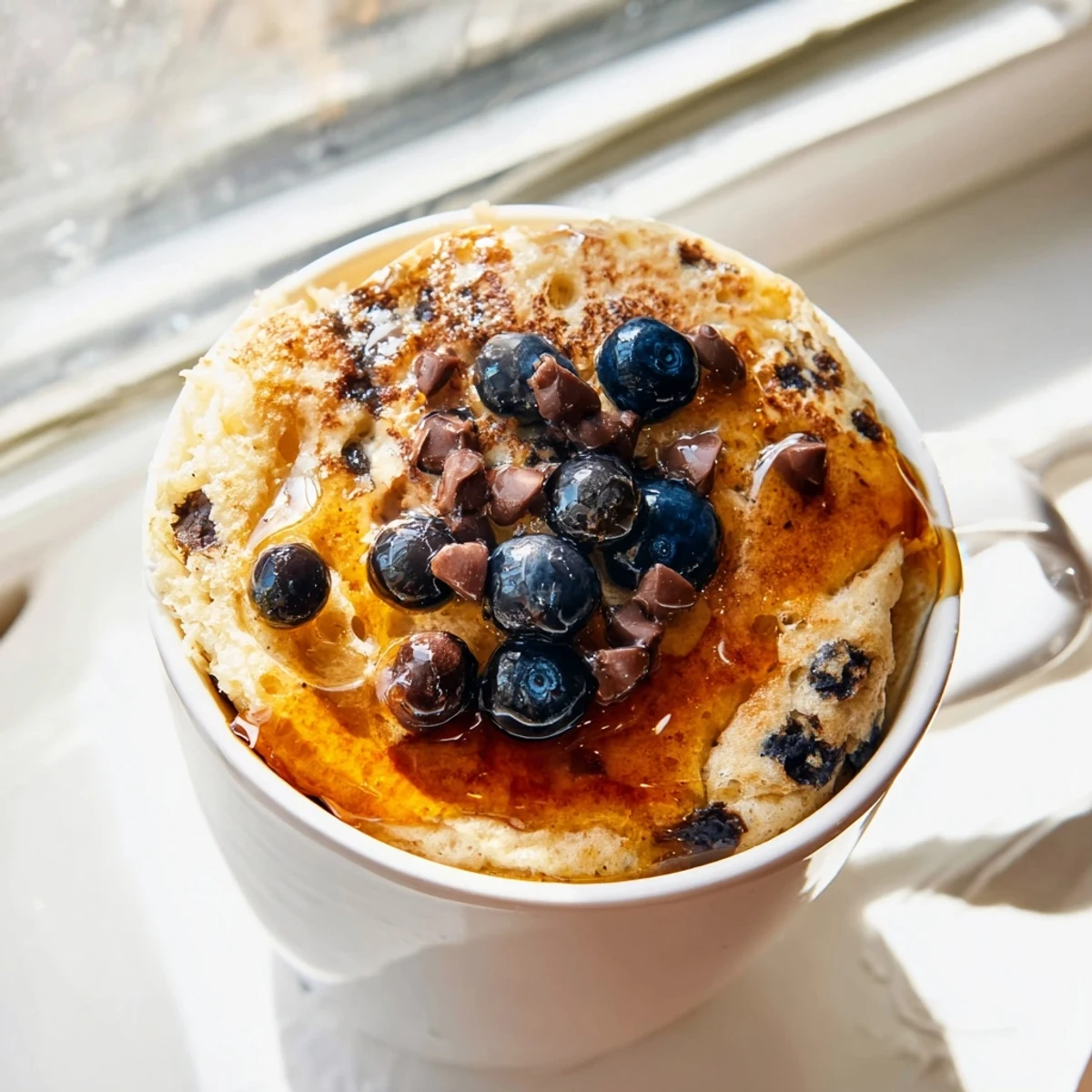 Close-up of a single serving of microwave mug pancakes, a warm, soft texture visible with a drizzle of syrup.