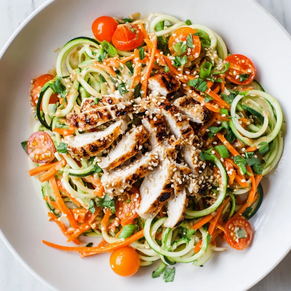 Enjoy a visually stunning Protein Cucumber Salad with grilled chicken and sesame dressing.