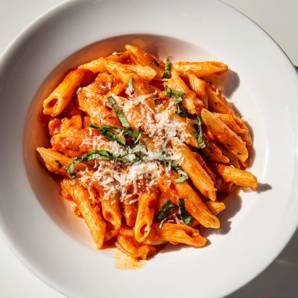 Steaming hot microwave bowl pasta, ready to eat, with parmesan cheese and fresh basil.