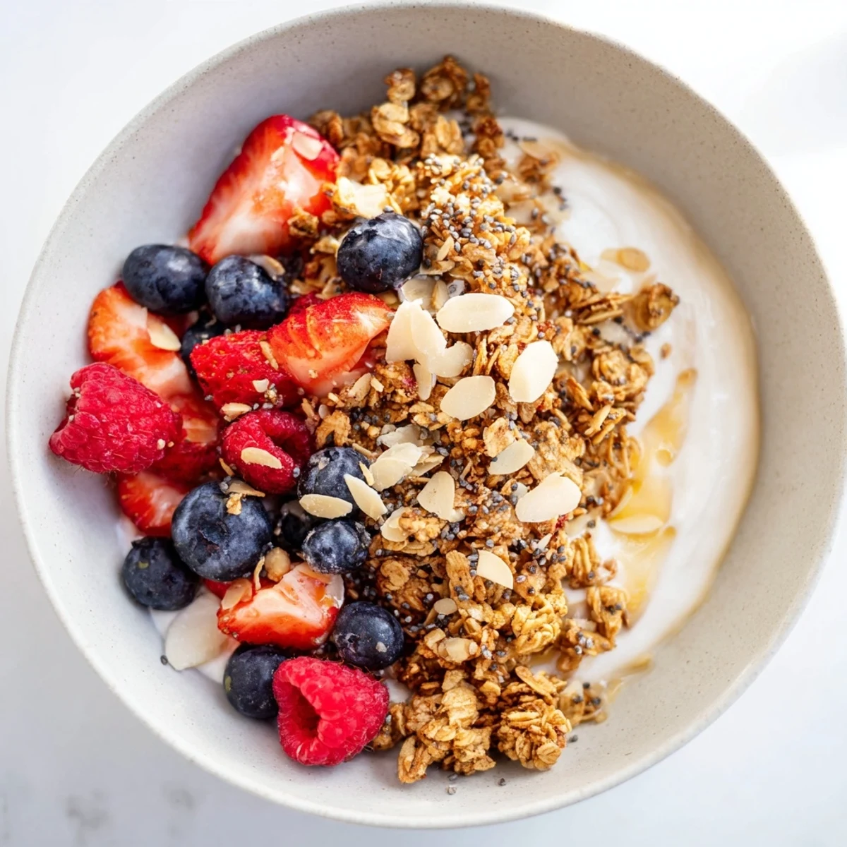 A vibrant Dry Yogurt Bowl showcasing layered Greek yogurt, topped with colorful berries and granola.