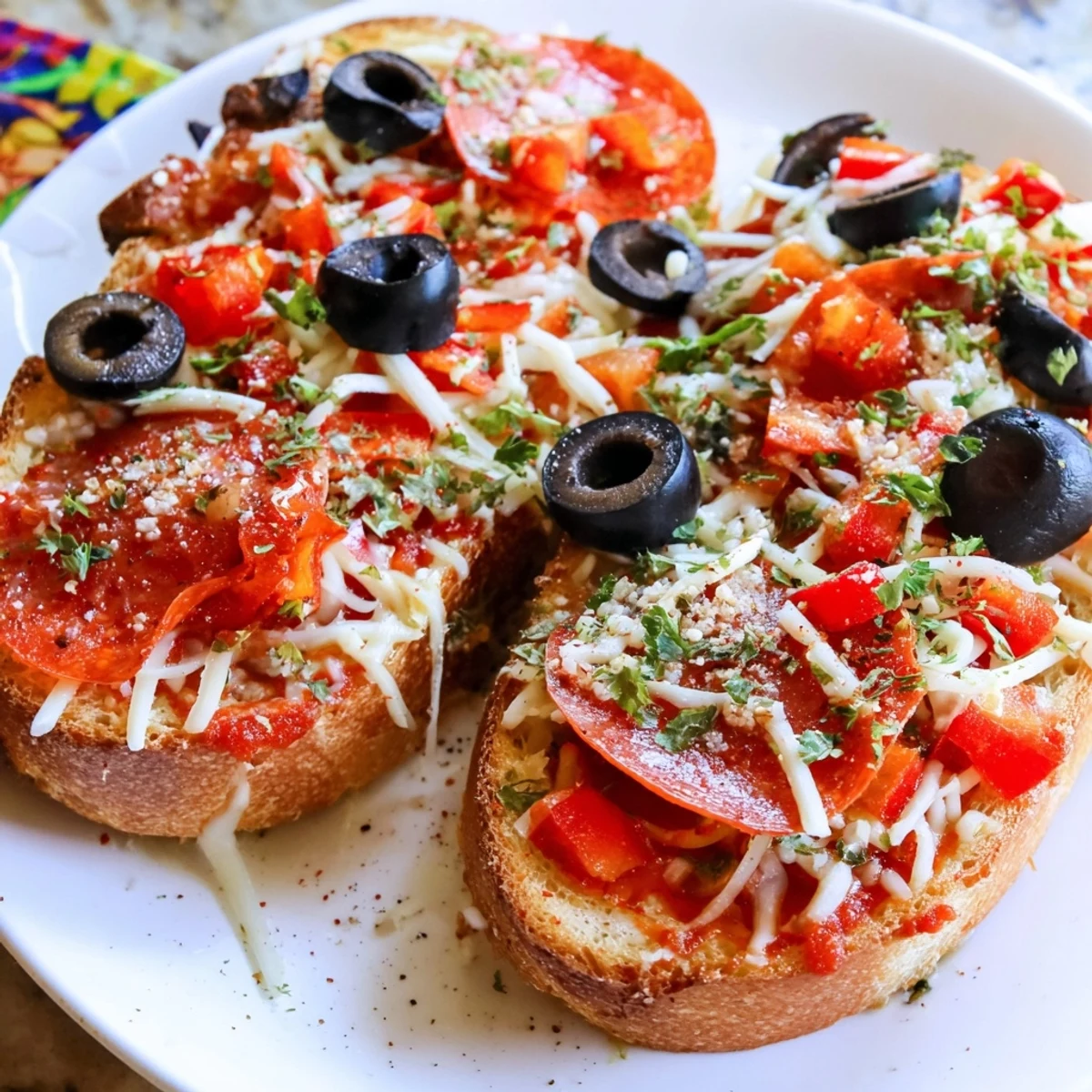 Golden, bubbly Air Fryer Pizza Toast, topped with melted cheese and savory pepperoni, ready to enjoy.