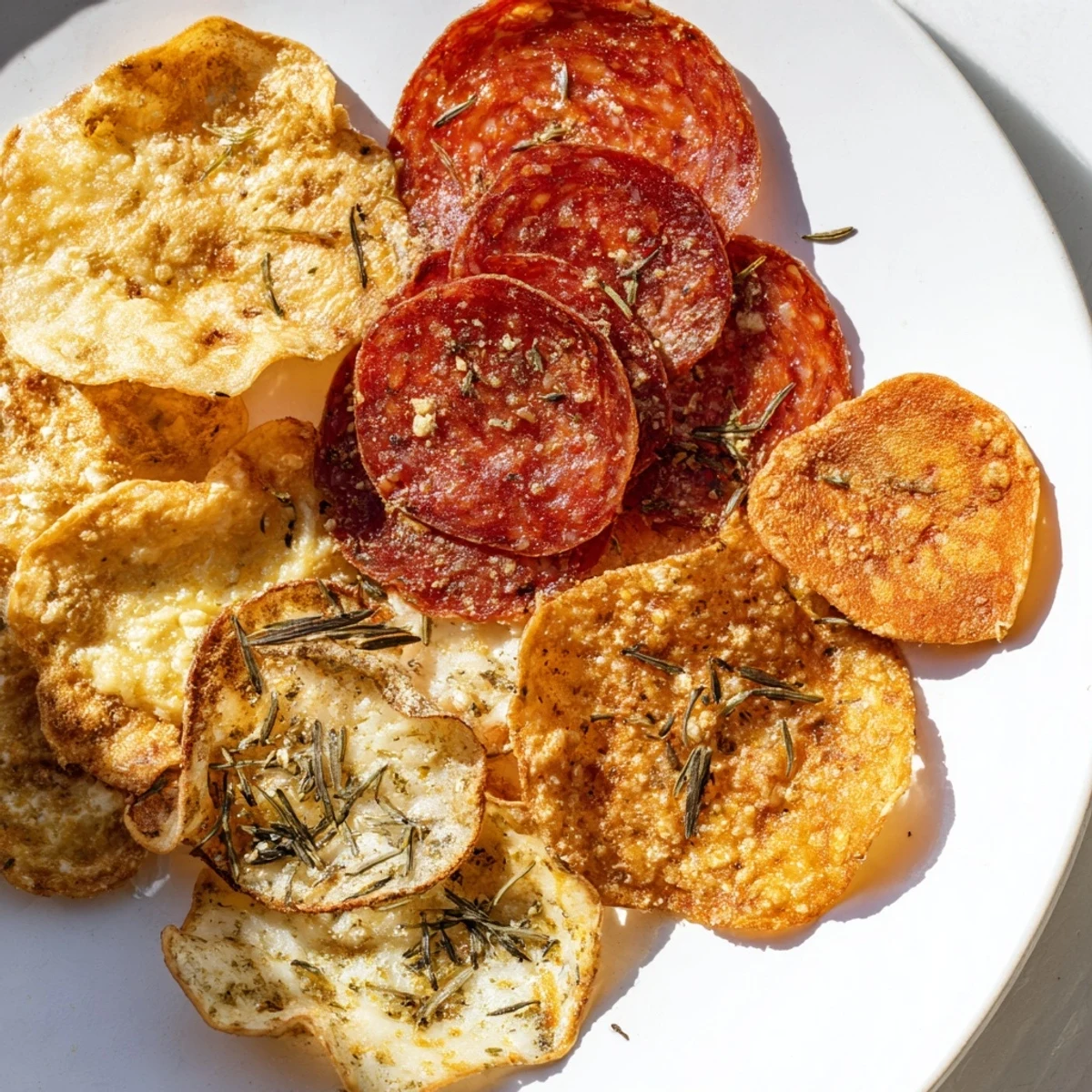 A close-up of perfectly baked charcuterie chips, offering a delicious combination of meats and cheeses.