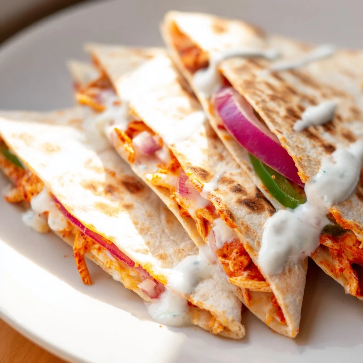 Tandoori Chicken Quesadilla: golden, crispy tortilla filled with spiced chicken and melted cheese, ready to eat.