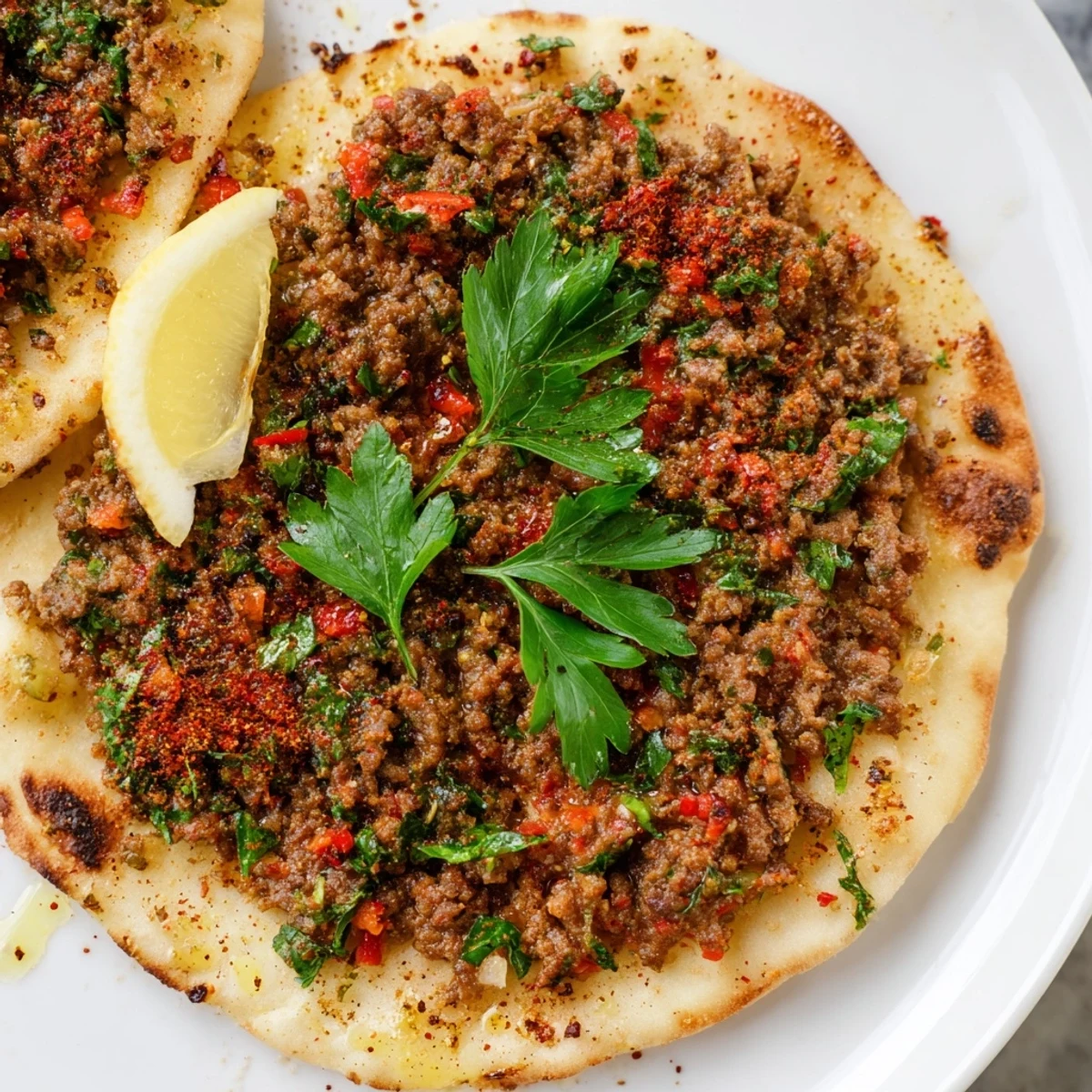 Golden, crispy Turkish Lahmacun flatbread topped with savory spiced meat, ready to eat.