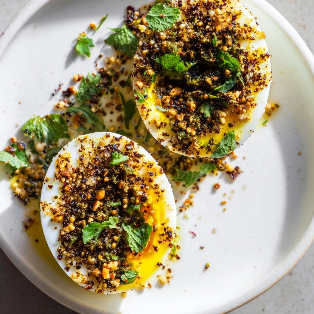 Enjoy a plate of flavorful Dukkah-Spiced Eggs: perfectly cooked, generously spiced, and visually appealing.