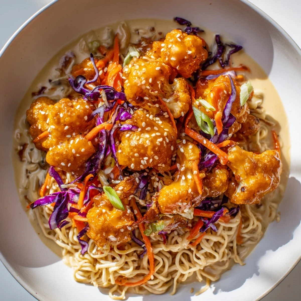A close-up of Chaos Cooking Buffalo Cauliflower Ramen with vibrant toppings and savory aromas.