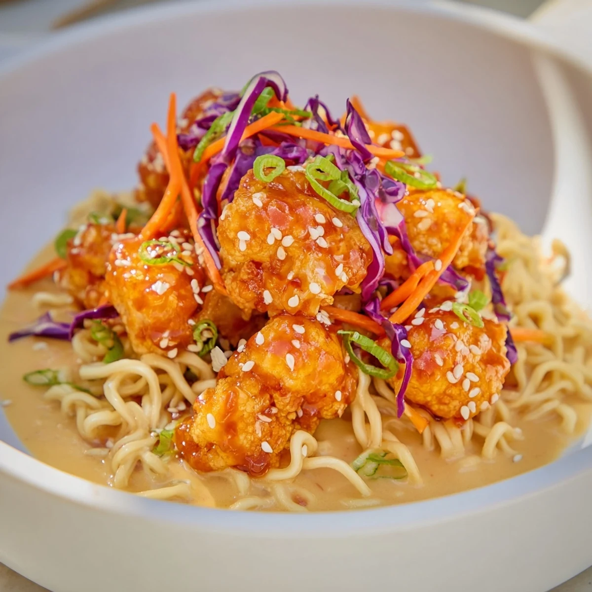 Steaming bowl of Chaos Cooking Buffalo Cauliflower Ramen, featuring crispy bites and creamy broth.