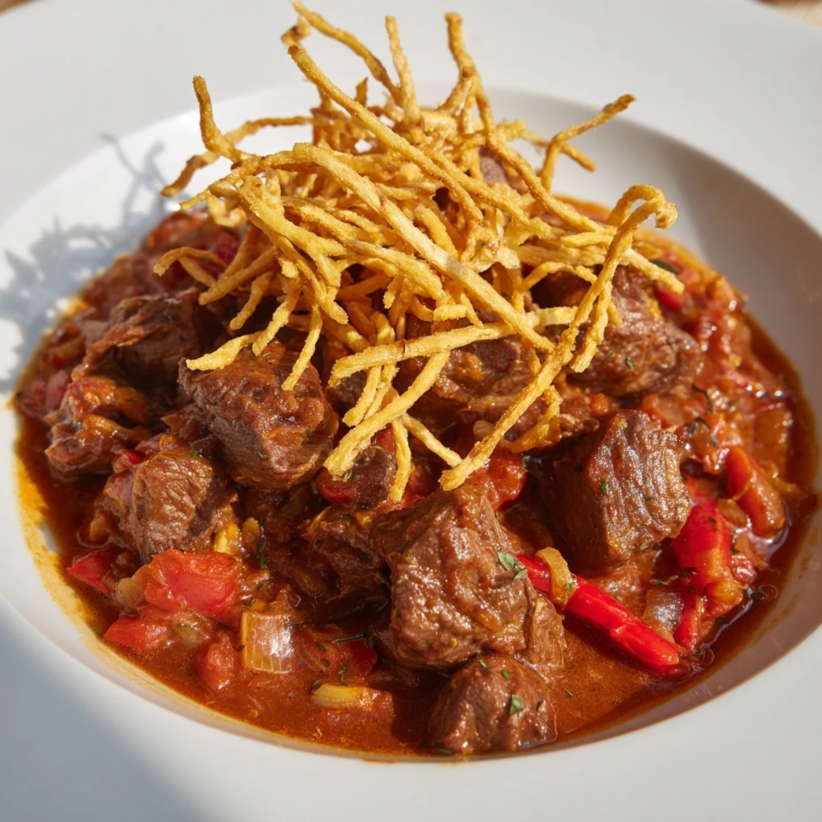Close-up of hearty Czech Goulash, featuring fall-apart beef and crunchy, golden potato fries.