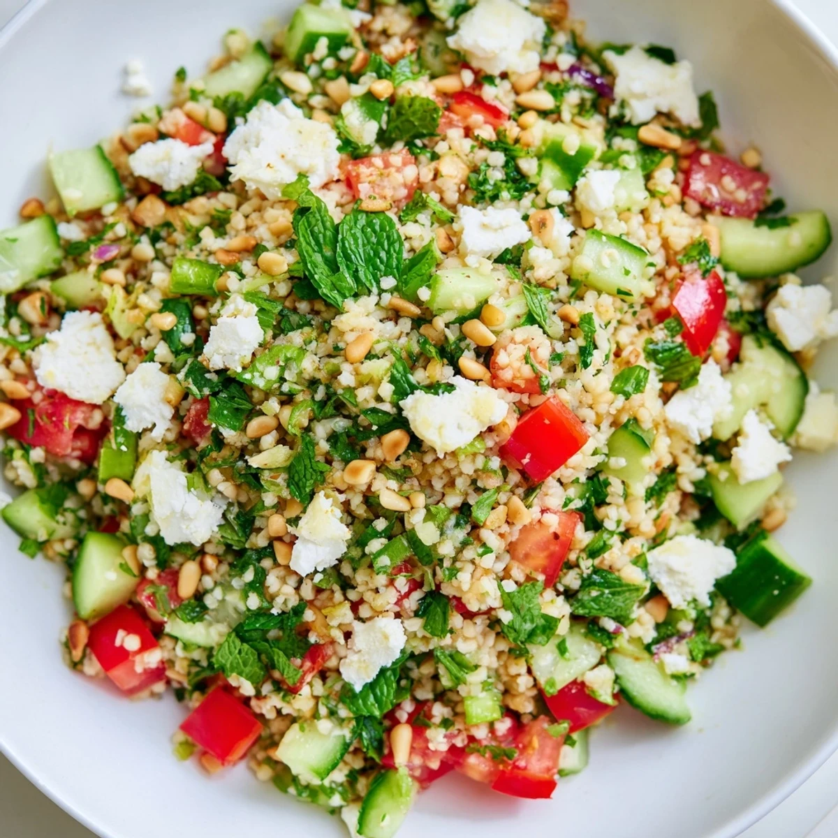 A colorful Tabbouleh Grain Bowl, brimming with fresh ingredients and drizzled with a bright lemon dressing.