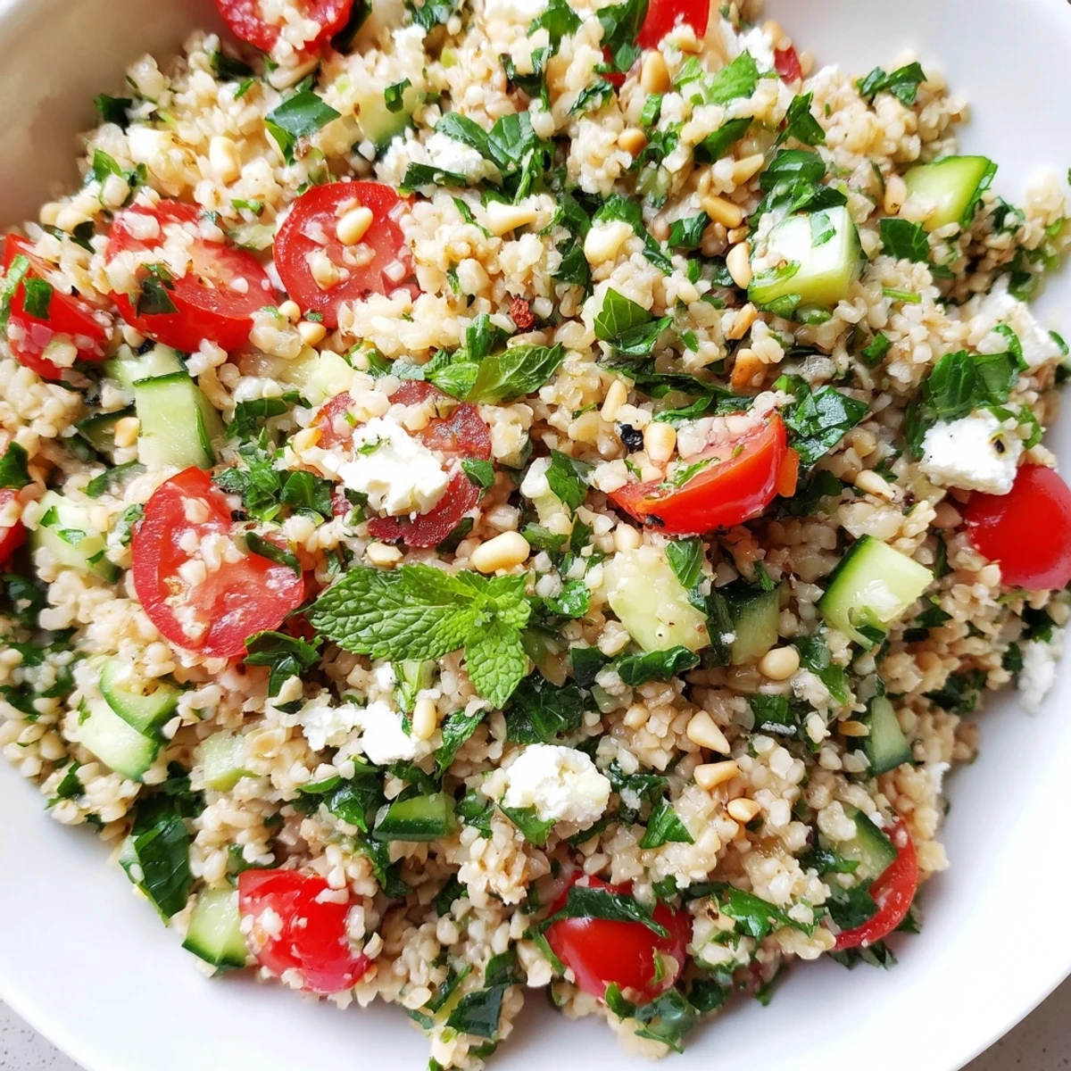 Bright red tomatoes and green herbs star in this vibrant Tabbouleh Grain Bowl, perfect for lunch.