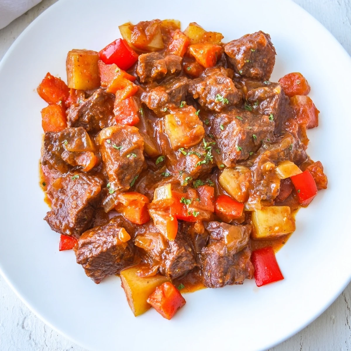 A close-up shot of a hearty Hungarian Goulash stew, showcasing rich flavors and textures.