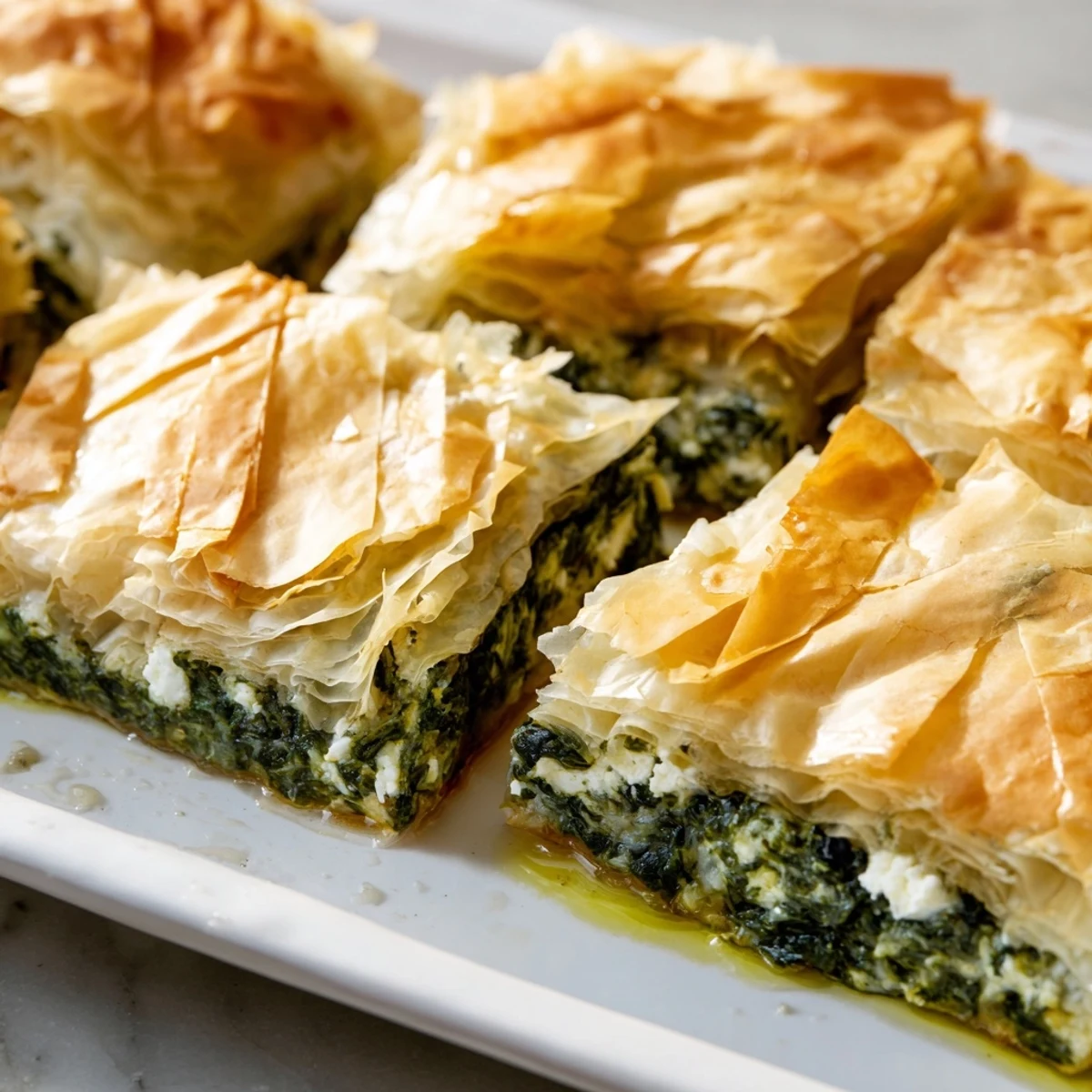 Warm and aromatic Greek spanakopita, cut into squares, perfect for a vegetarian appetizer or side dish.