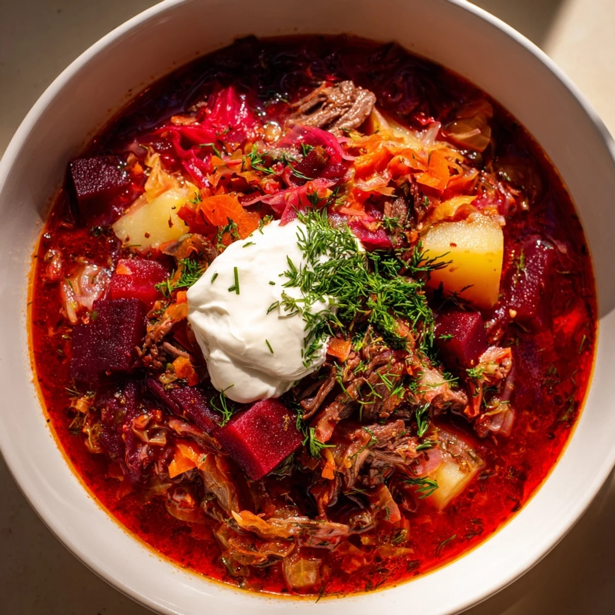 Close-up of hearty Ukrainian Borscht, showing tender beef and colorful vegetables, ready to enjoy.
