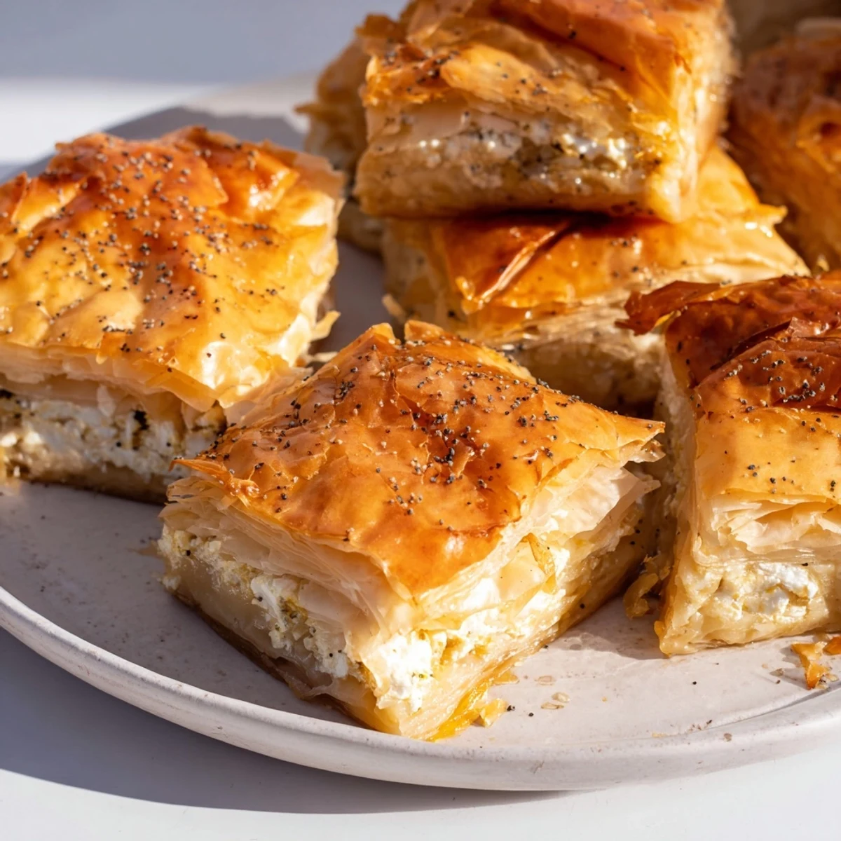 Golden-brown Bulgarian Banitsa, a flaky savory pastry filled with feta and baked to a crisp.