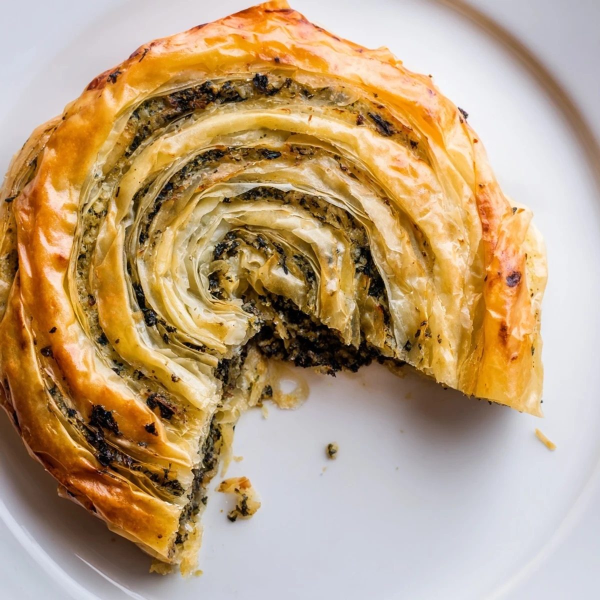 Delicious, homemade Bosnian Burek, baked to a beautiful golden crisp in a family-sized spiral.