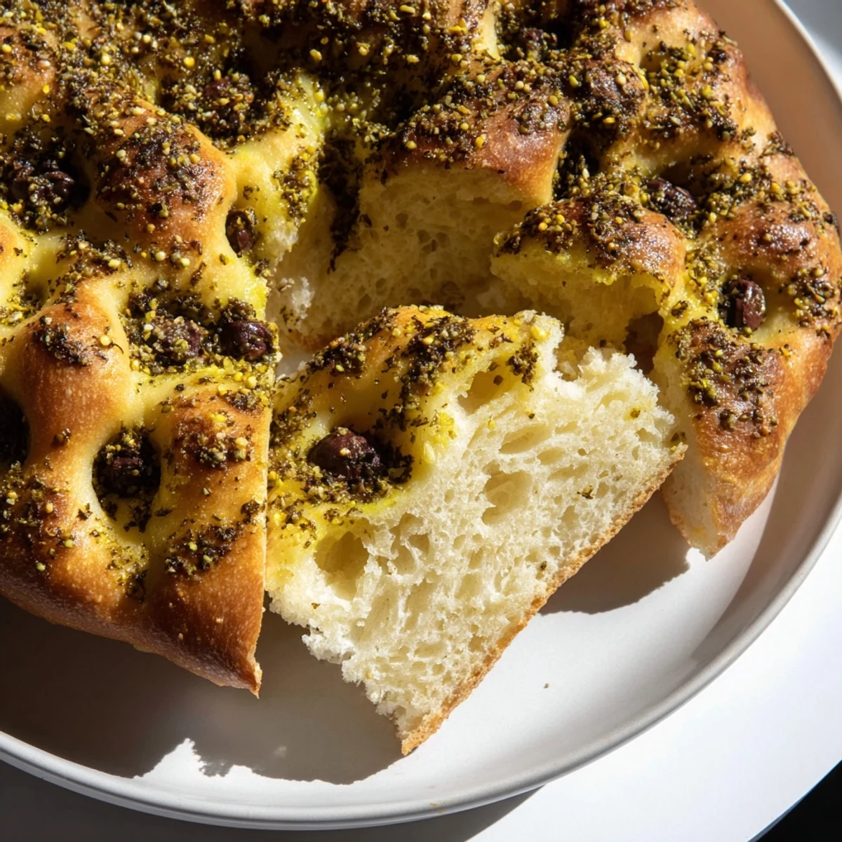Golden-brown Zaatar Olive Focaccia, with crispy edges and glistening olives, ready to enjoy.