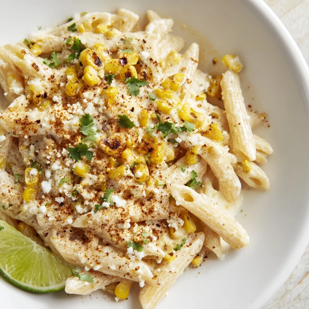This Mexican street corn pasta showcases a bowl of pasta with corn, cheese, and fresh cilantro.