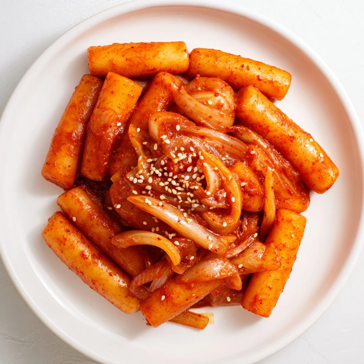 Close-up of a bowl of Korean Tteokbokki, showcasing the texture of the rice cakes and rich, flavorful sauce.