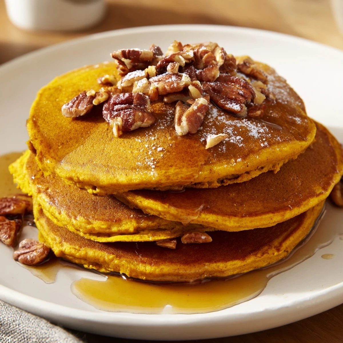 Golden, fluffy pumpkin spice pancakes stacked high, drizzled with maple syrup for breakfast.