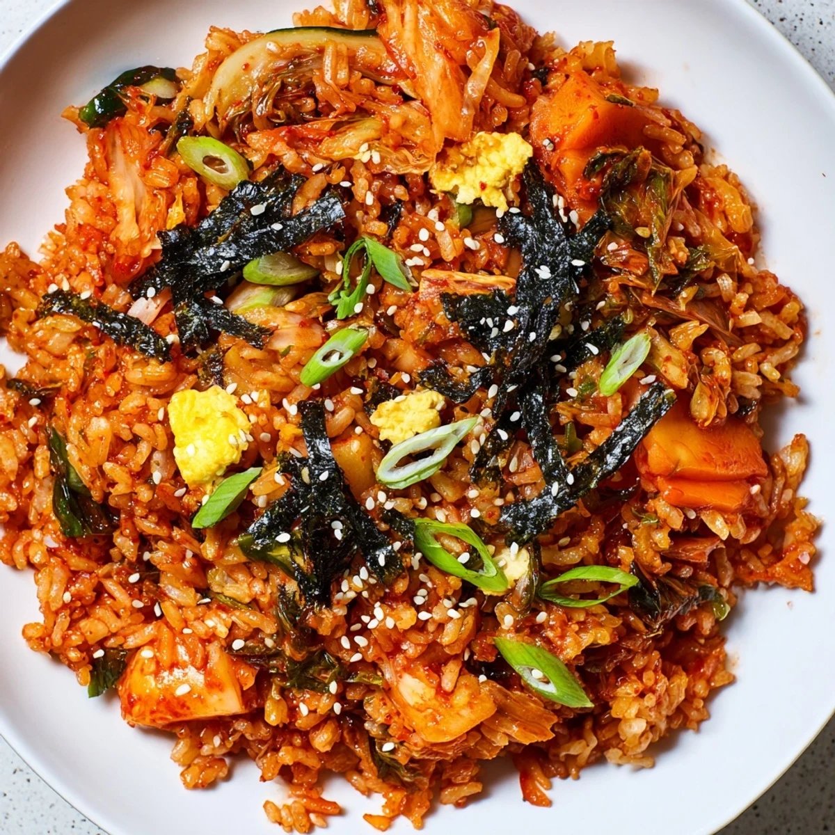 Steaming plate of spicy kimchi fried rice with bright green onions, carrots, and scrambled eggs.