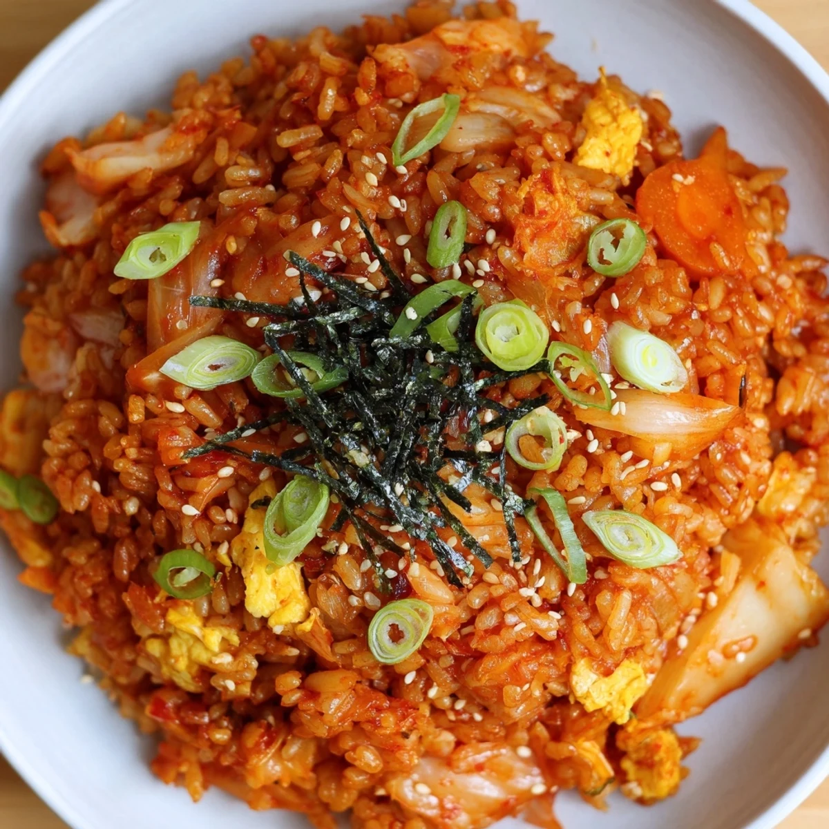 Flavorful Korean kimchi fried rice, served hot, showcasing the vibrant colors and aromas of the dish.