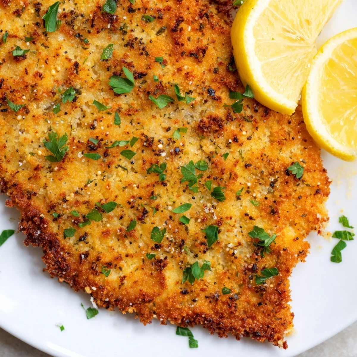 Golden, crispy parmesan chicken cutlet, perfectly pan-fried and ready to enjoy with a fresh lemon wedge.