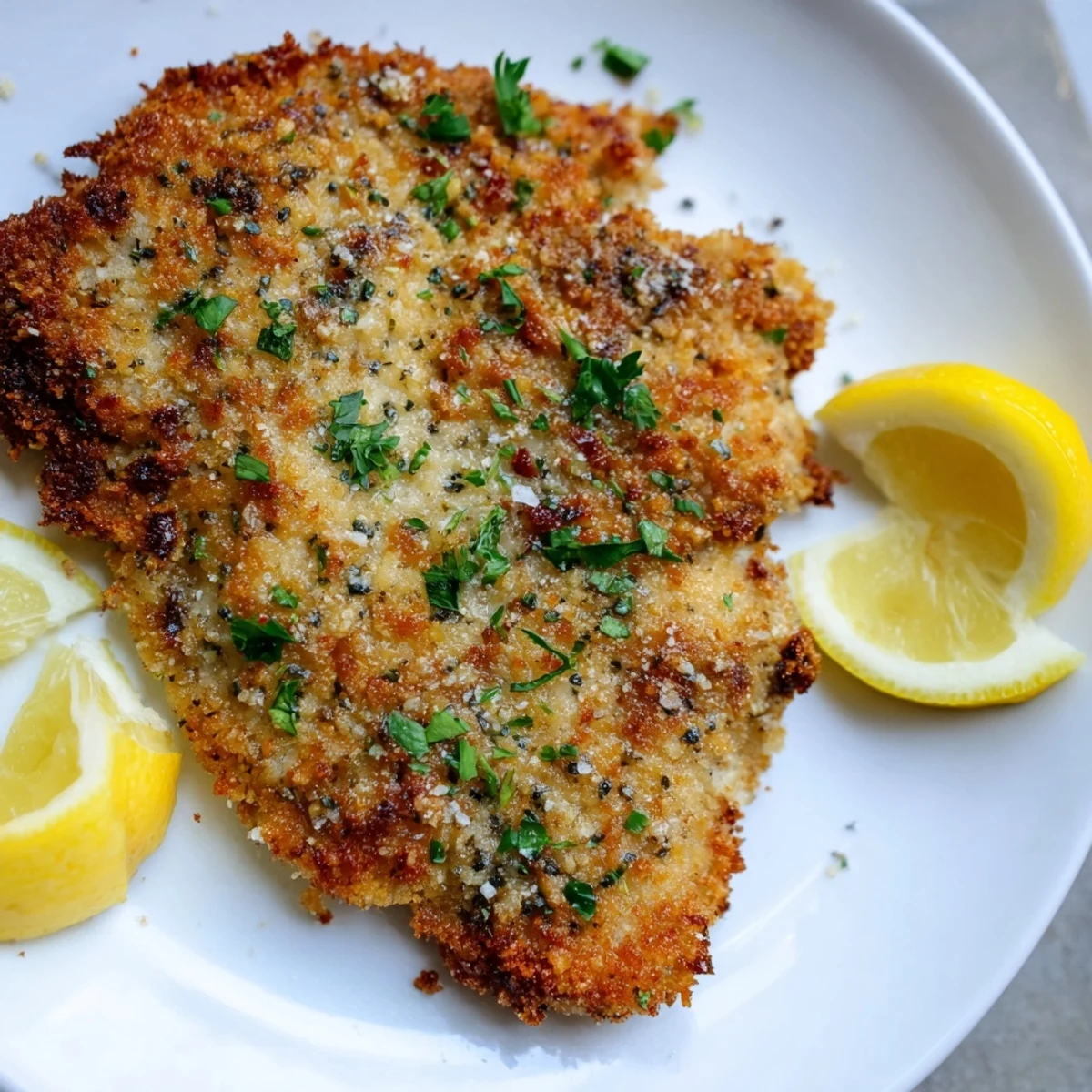 Deliciously crunchy parmesan breading coats each tender, cooked crispy parmesan chicken cutlet for a satisfying meal.
