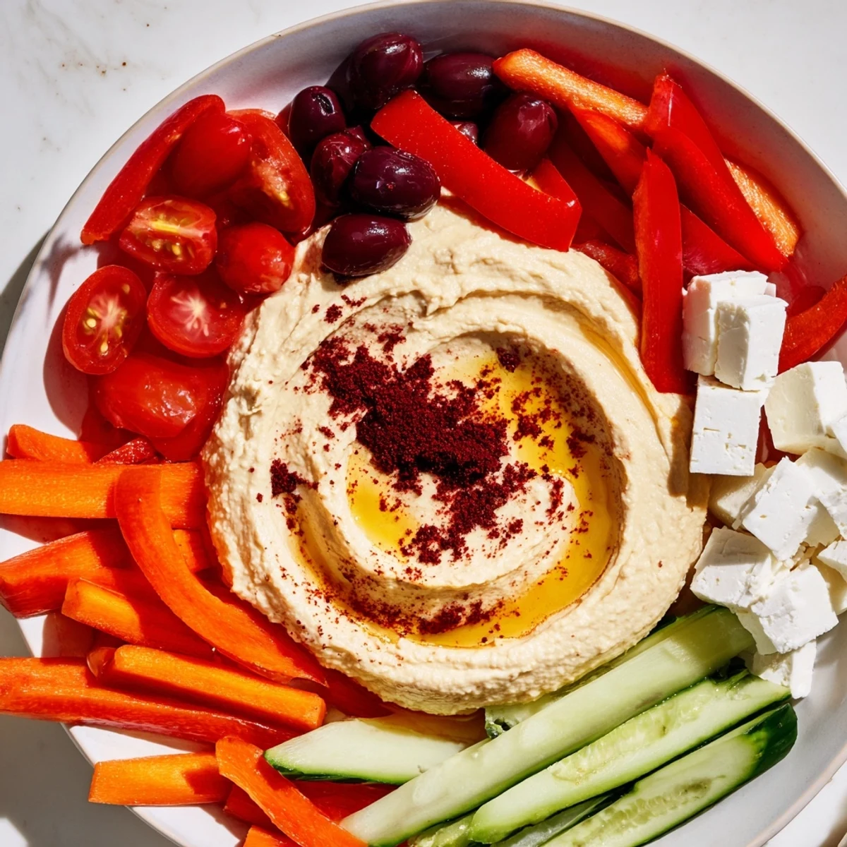 Vibrant Middle Eastern Mezze Platter with creamy hummus, olives, feta, and warm pita bread, ready to share.