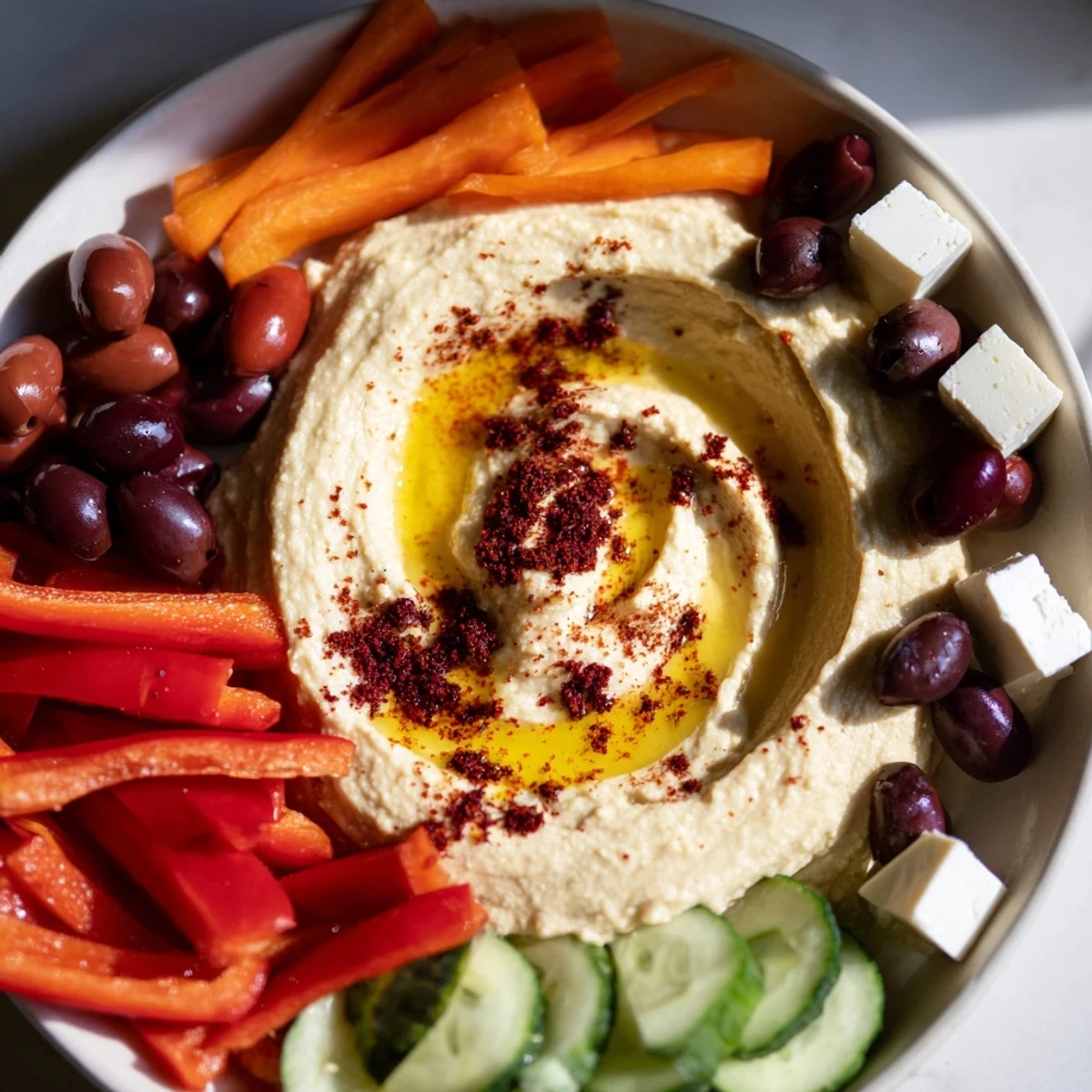 Shareable Middle Eastern Mezze Platter featuring hummus, colorful fresh veggies, cheese, and soft pita for dipping.