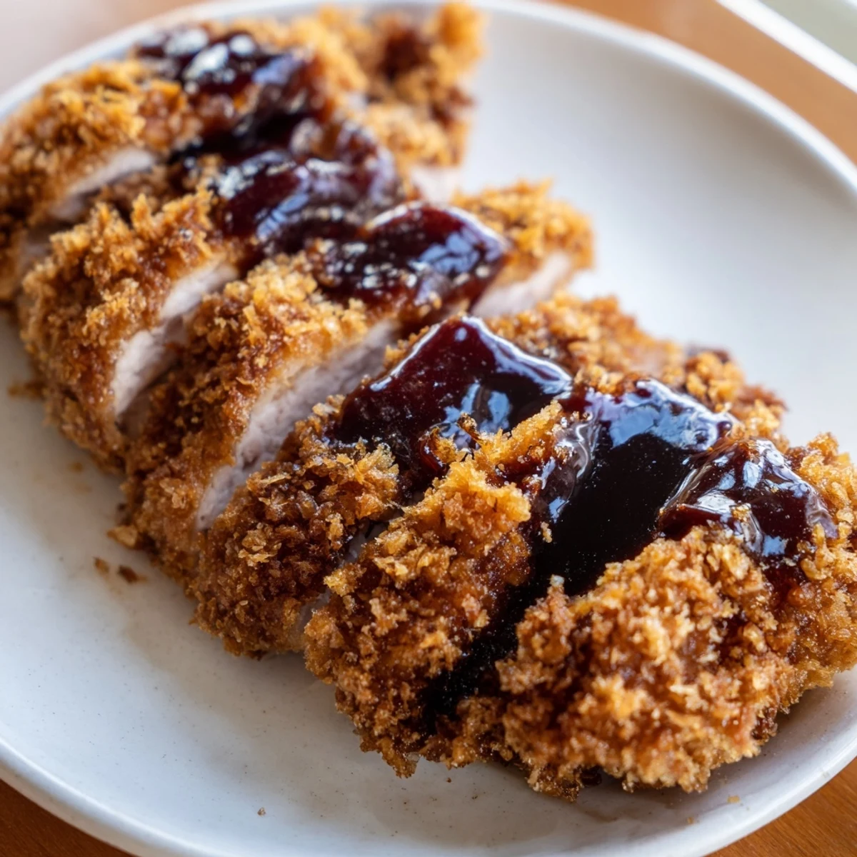 Close-up of crispy Chicken Katsu cutlets, served with tangy tonkatsu sauce and shredded cabbage.