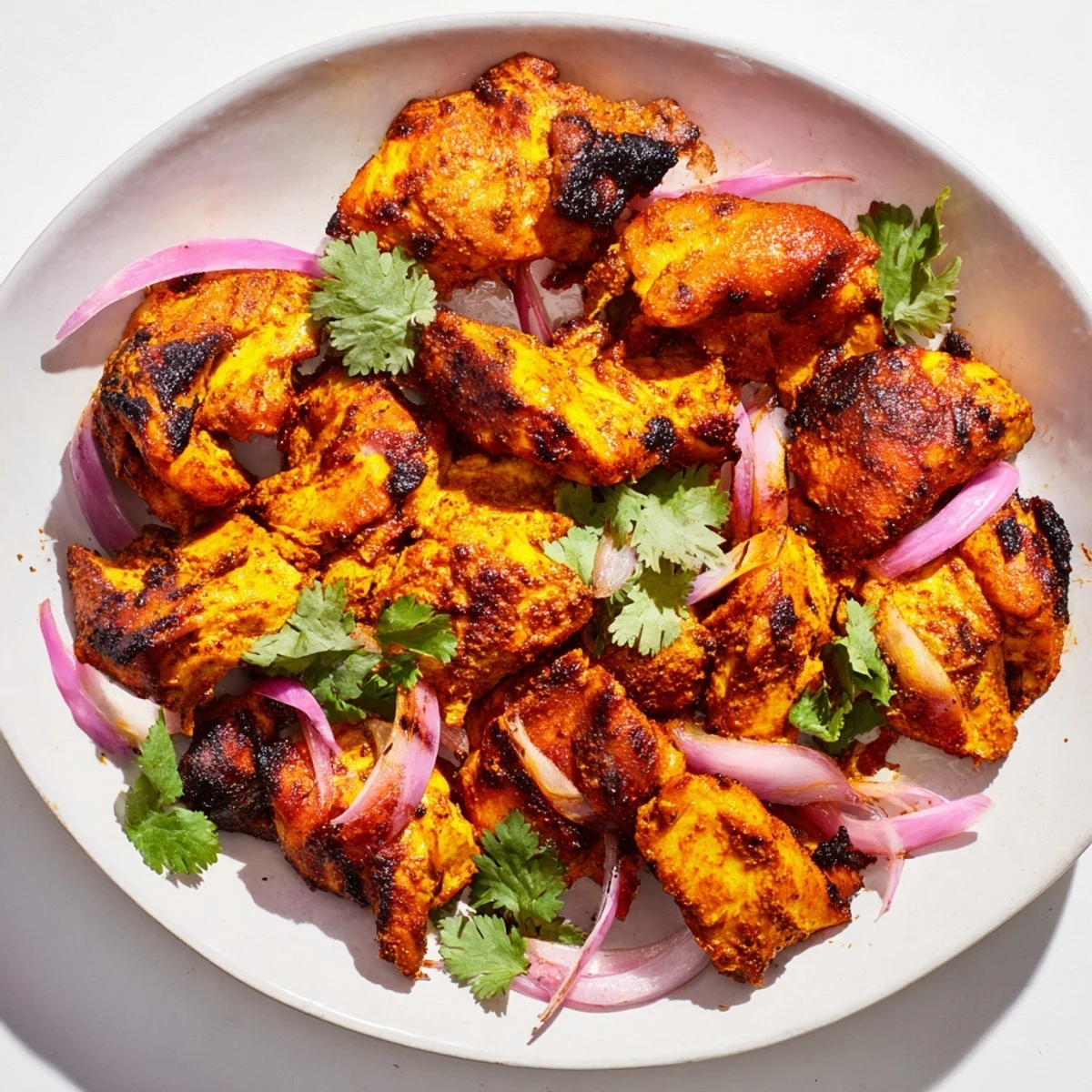 Golden, roasted Indian Tikka Spiced Chicken, cooked in the oven, with charred edges and vibrant spices.