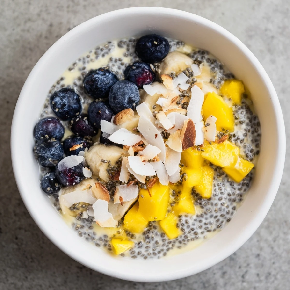 A close-up of delicious chia seed pudding swirled with vanilla, ready to be enjoyed.