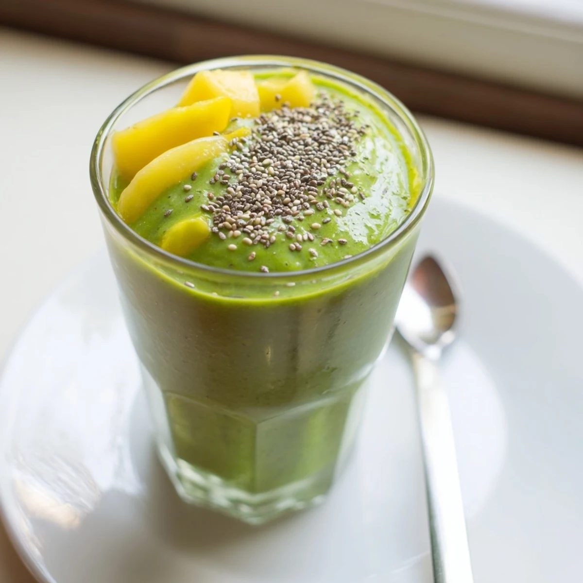This spinach-hidden smoothie features blended tropical fruits and healthy greens, ready to drink, cool and tasty.
