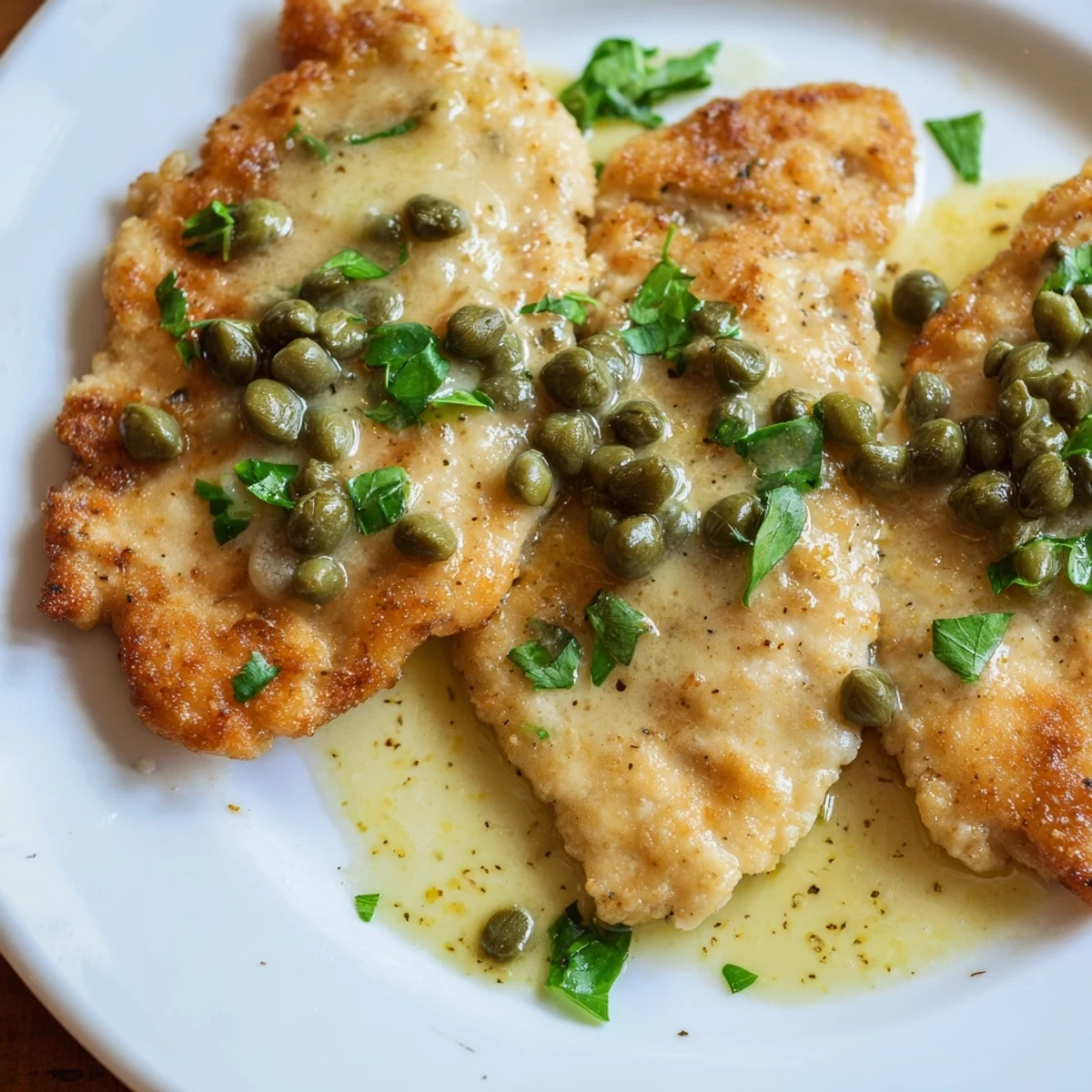 Golden-brown creamy chicken piccata, a delightful Italian-American dish ready to serve on a plate.