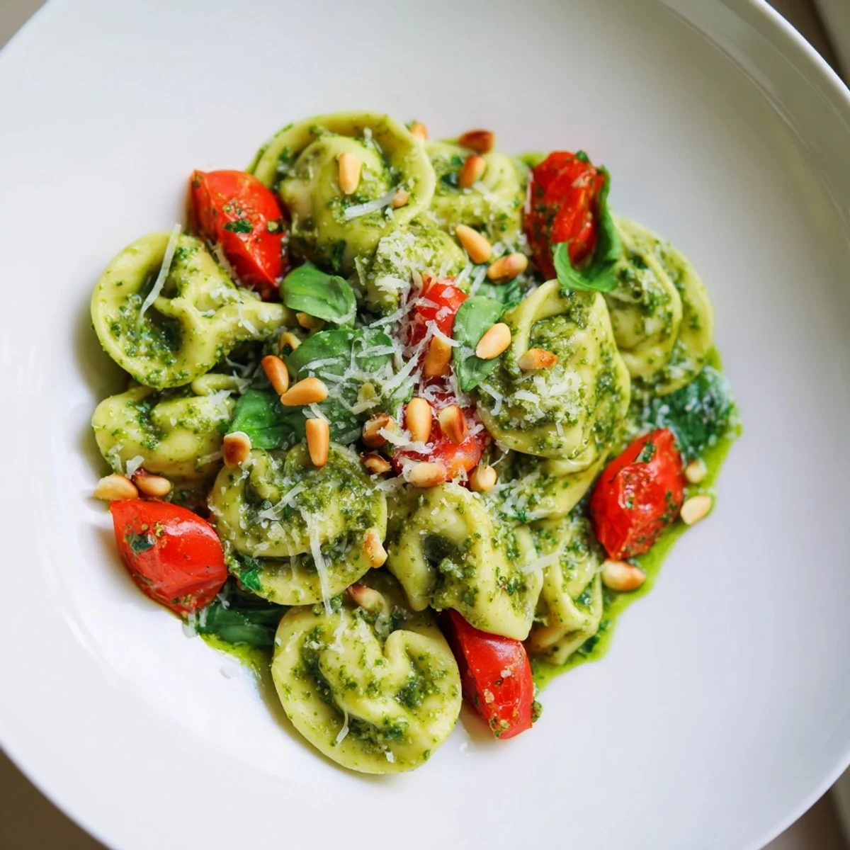 A close-up of a Pesto Tortellini Salad; pasta coated in pesto, ready for your next summer gathering.