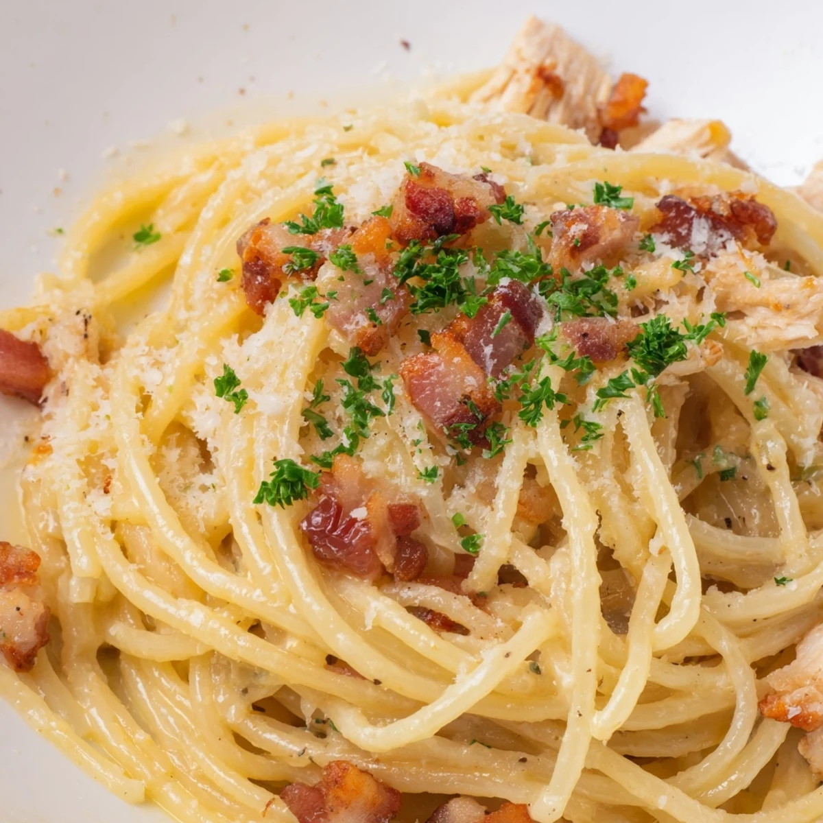 Tender shredded chicken carbonara with golden pasta, creamy sauce, and crispy bacon, ready to eat.