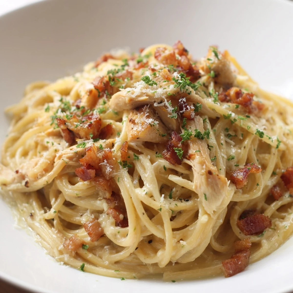 Close-up of rich Chicken Carbonara, perfectly coated pasta, and topped with grated Parmesan and parsley.