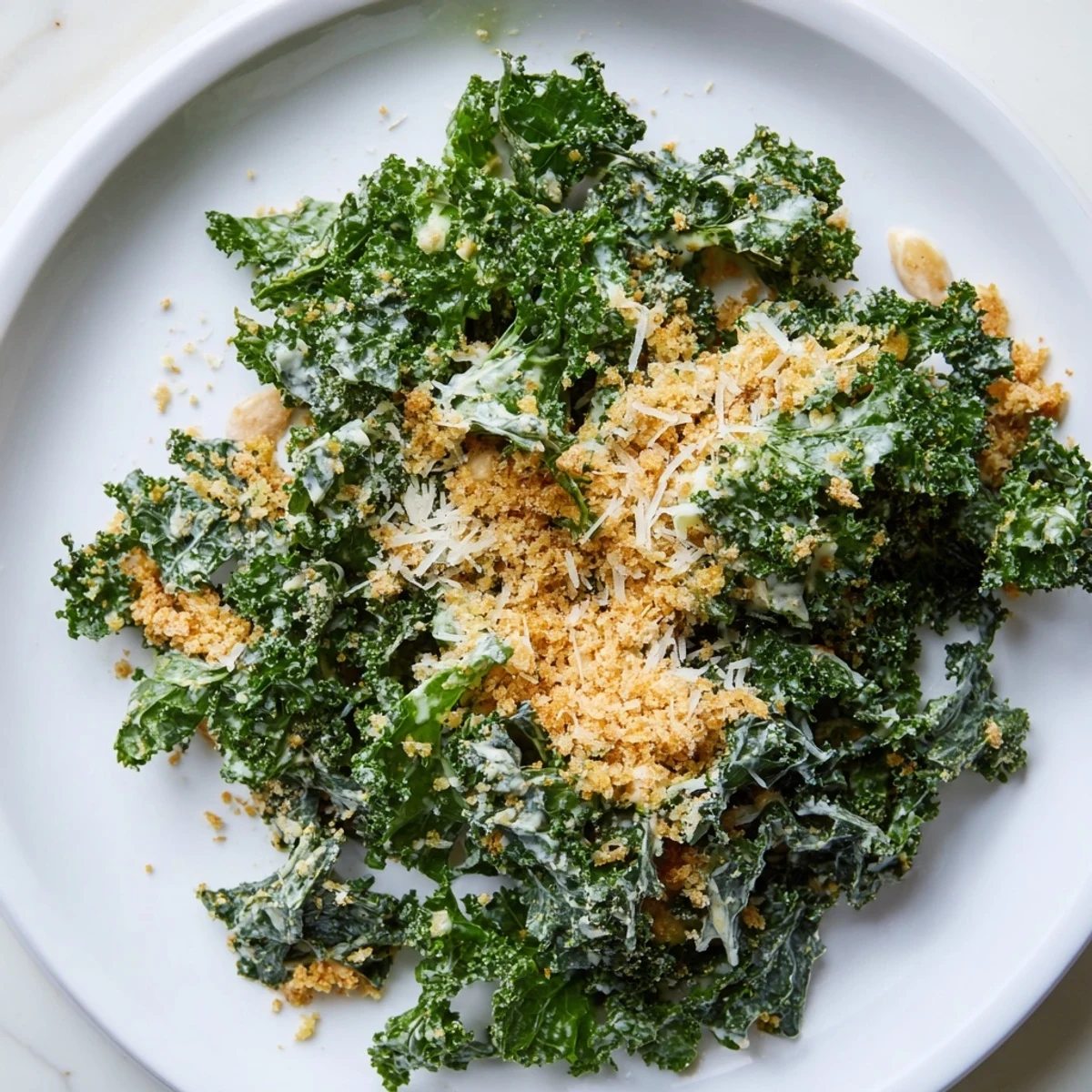 Close-up on the vibrant Garlic Parmesan Kale Salad with crunchy breadcrumbs and shaved cheese.