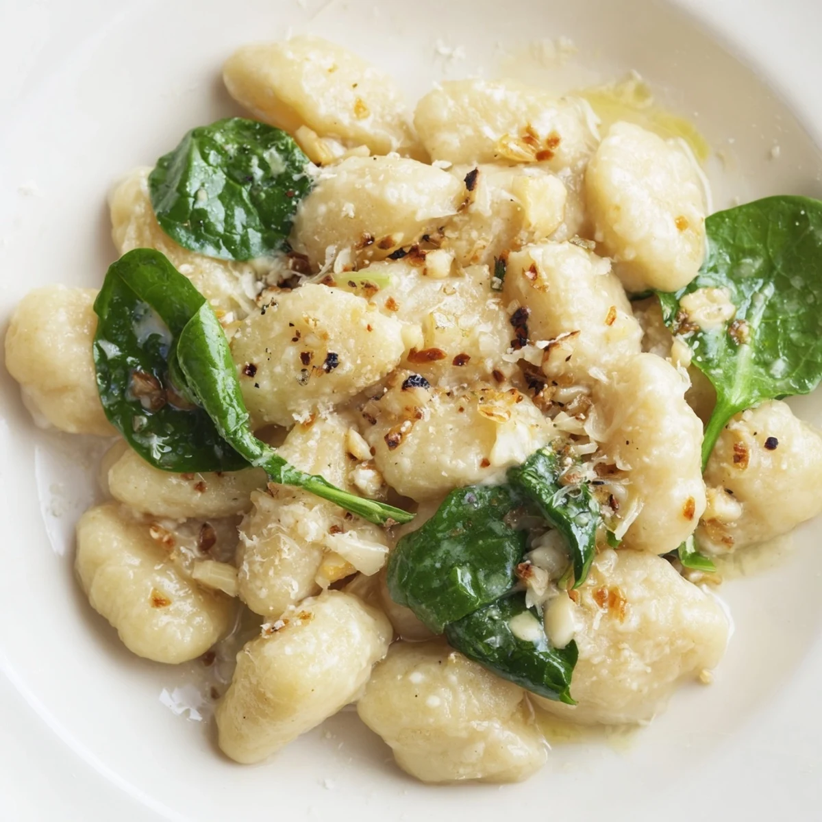Creamy garlic gnocchi served in a warm bowl, showcasing a velvety sauce and spinach for a delicious Italian dinner.