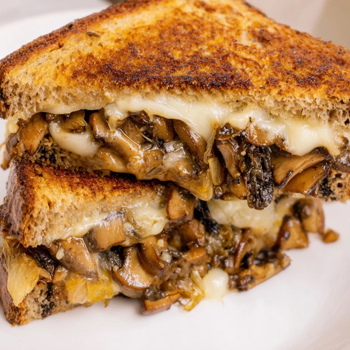 Close-up of a Mushroom Swiss Grilled Cheese, rich with sautéed mushrooms and creamy Swiss, served hot and delicious.