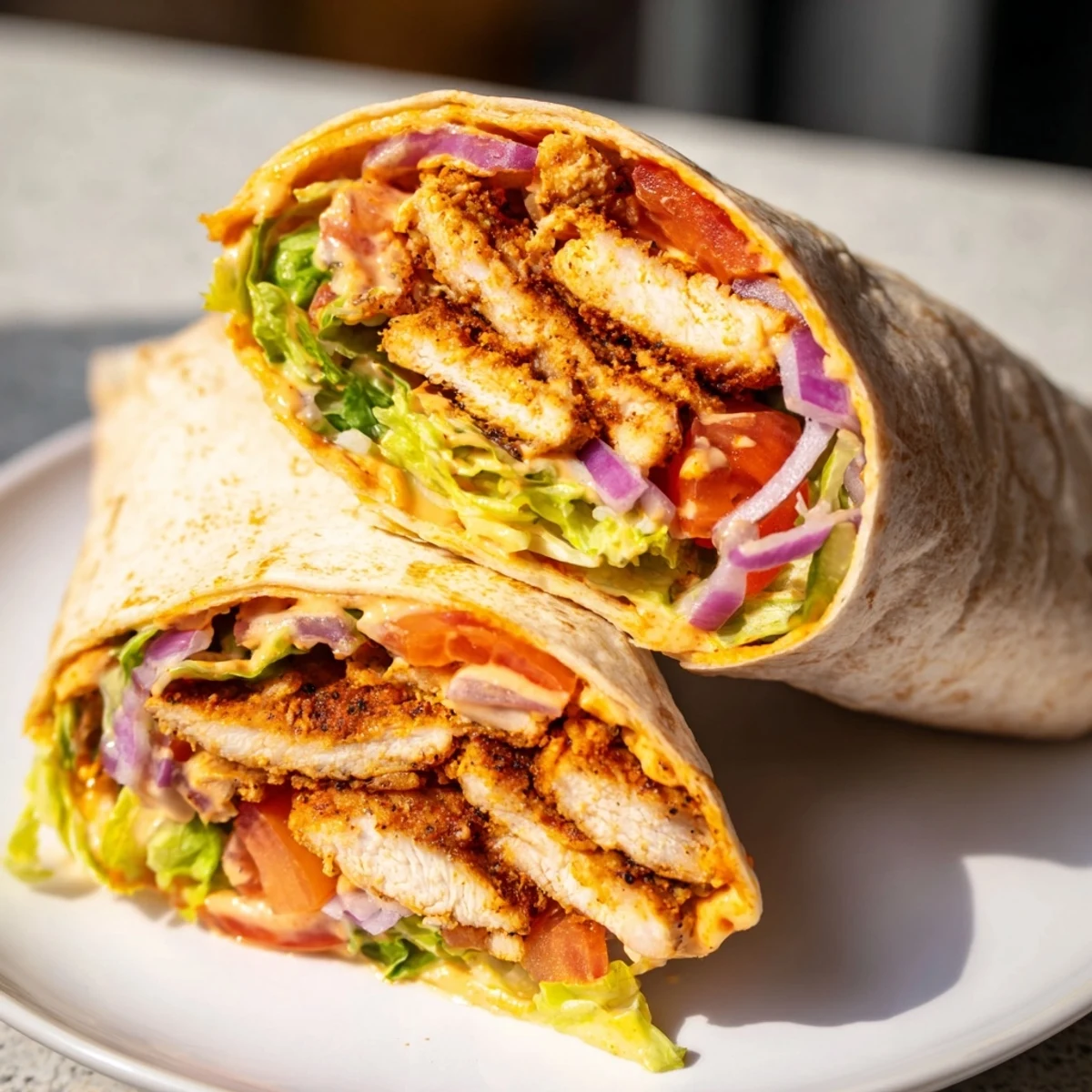 Golden honey mustard chicken wrap, bursting with fresh ingredients, ready to eat now.