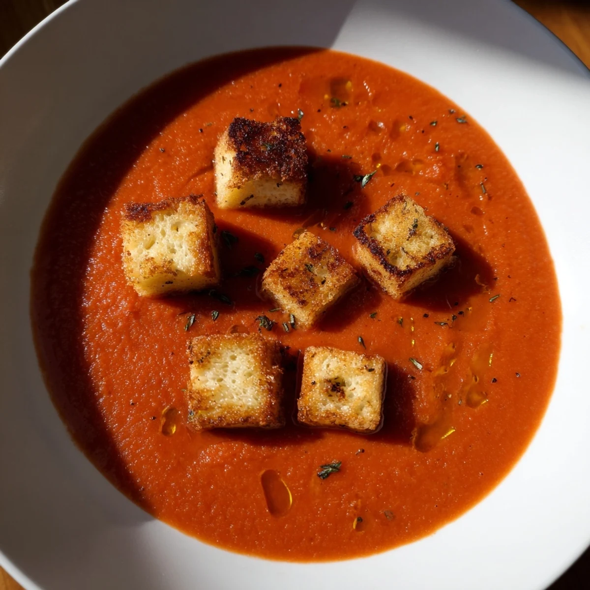 Steaming, vibrant, roasted tomato soup with golden grilled cheese croutons, a comforting Autumn classic.