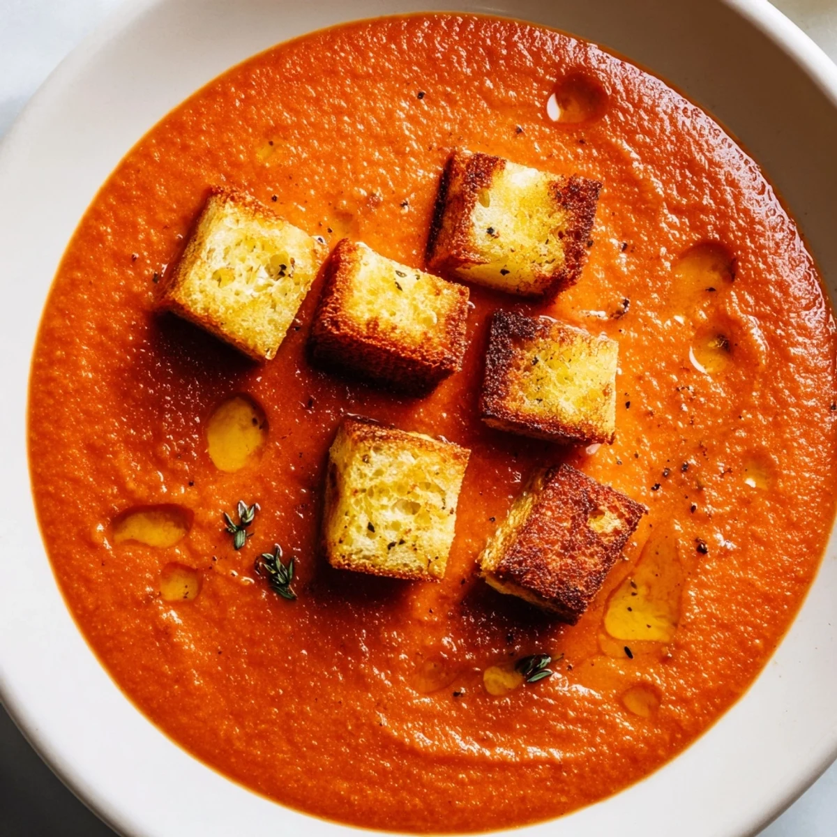 A close-up view: creamy roasted tomato soup with a topping of crisp, cheesy grilled cheese croutons.