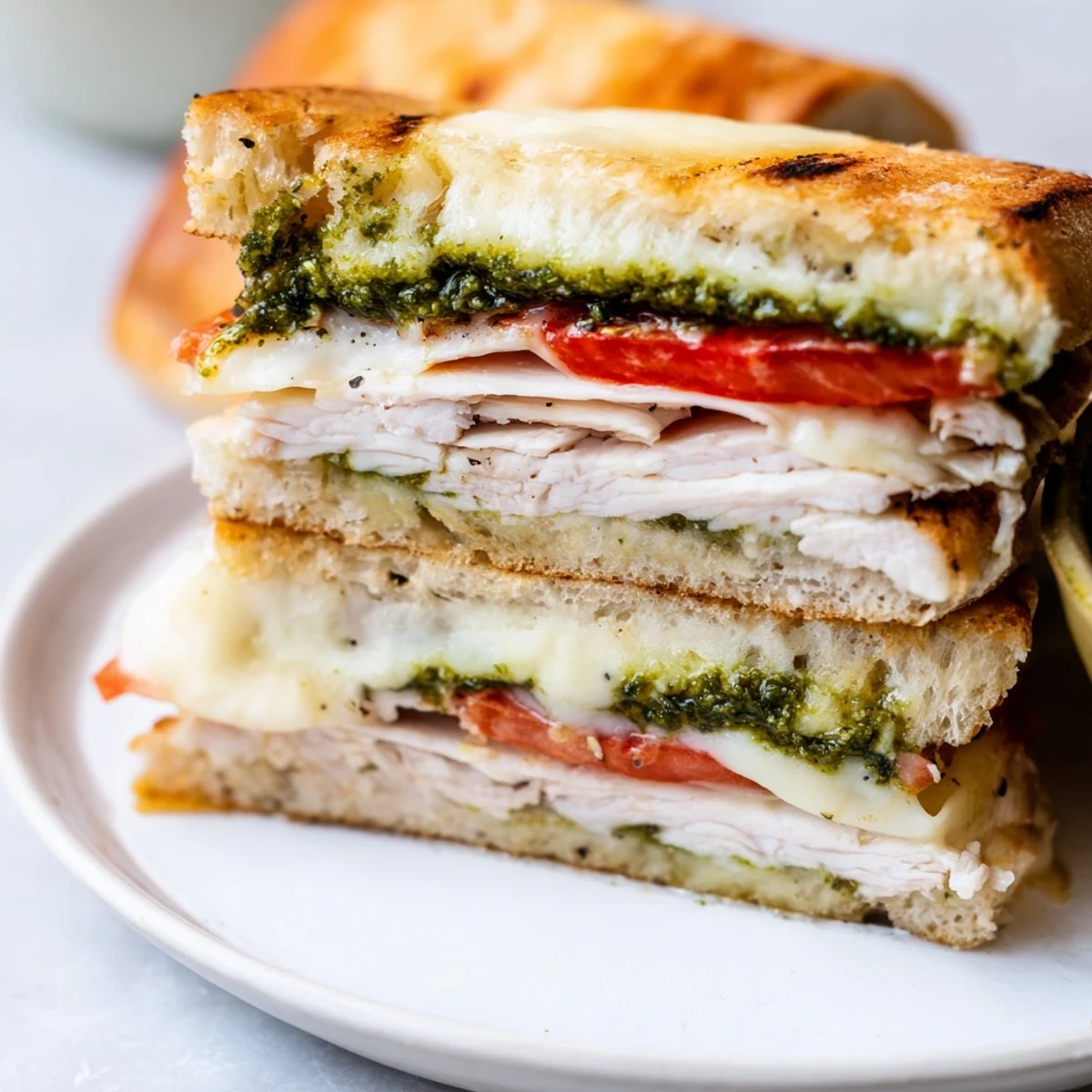 Delicious, served warm, a Chicken Pesto Panini cut open, revealing layers of chicken and pesto.
