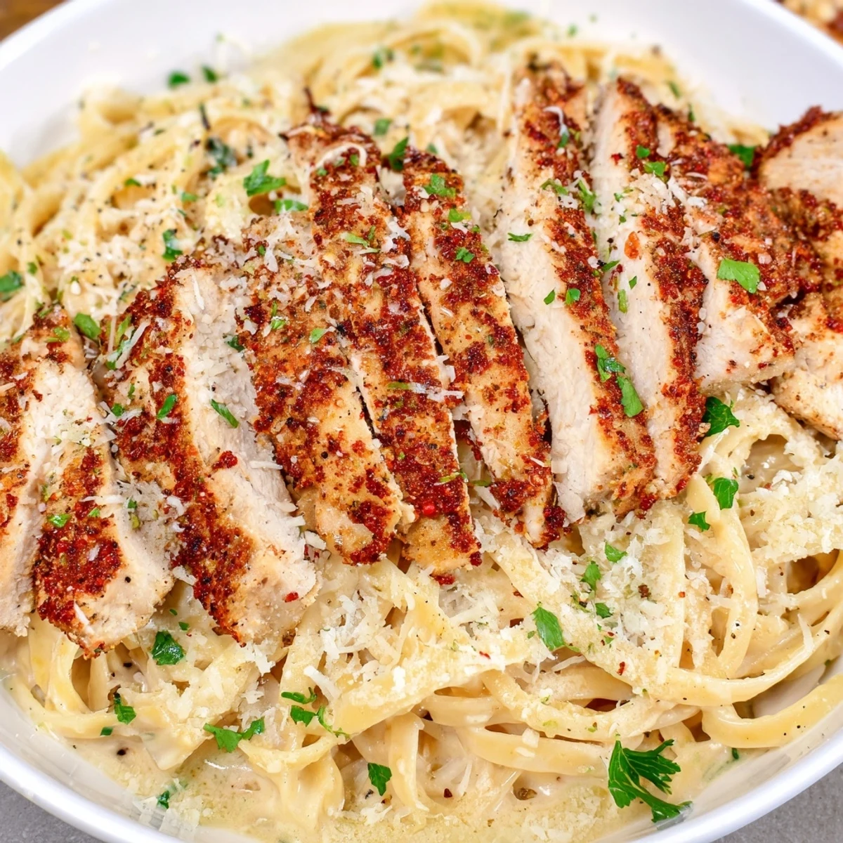 A steaming bowl of Cajun Chicken Alfredo, featuring savory chicken on a bed of rich, cheesy pasta.